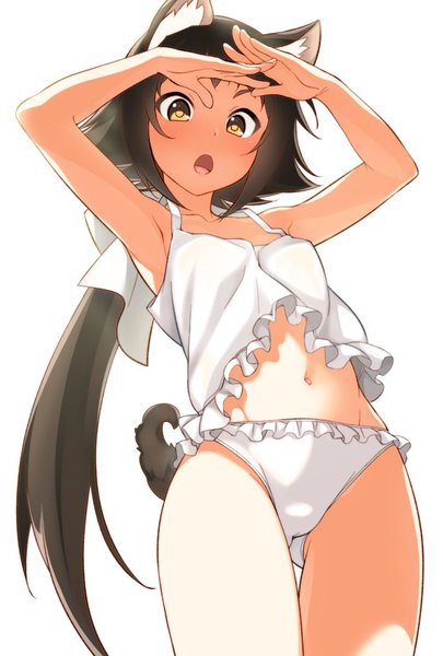 Anime picture 689x1020 with mikakunin de shinkoukei doga kobo mitsumine mashiro hatakenaka (kamagabuchi) single long hair tall image looking at viewer blush fringe breasts open mouth light erotic simple background brown hair standing white background bare shoulders animal ears yellow eyes