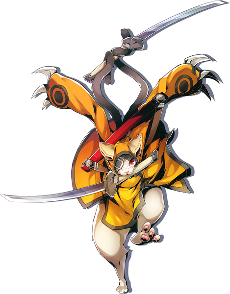 Anime picture 1023x1308 with blazblue blazblue: central fiction arc system works jubei (blazblue) katou yuuki single tall image looking at viewer red eyes holding full body official art transparent background multiple tails dual wielding nekomata weapon eyepatch youkai claw (weapon)