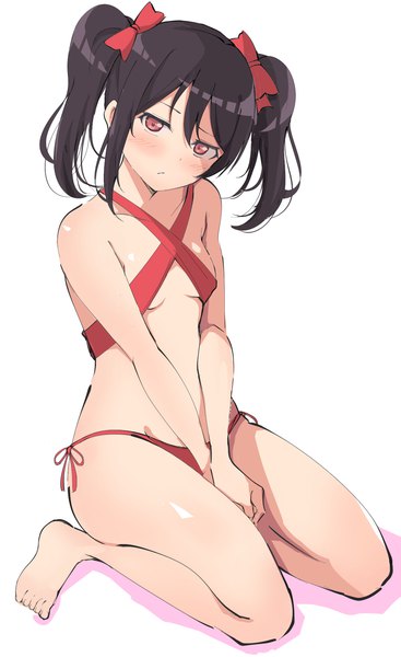 Anime picture 1079x1765 with love live! school idol project sunrise (studio) love live! yazawa nico wewe single tall image looking at viewer blush fringe short hair breasts light erotic black hair simple background hair between eyes red eyes white background sitting twintails