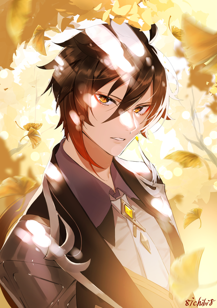 Anime picture 1013x1433 with genshin impact zhongli (genshin impact) ichibi single long hair tall image looking at viewer fringe hair between eyes brown hair brown eyes upper body parted lips sunlight boy necktie leaf (leaves) single earring ginkgo