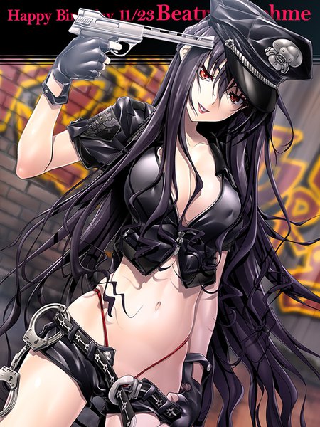 Anime picture 600x800 with muv-luv alternative schwarzesmarken muv-luv beatrix bremer soyosoyo single tall image looking at viewer breasts light erotic black hair red eyes very long hair girl gloves navel weapon shorts fingerless gloves gun