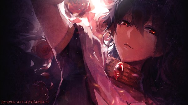 Anime picture 1600x900 with magi the labyrinth of magic a-1 pictures judal rella jenova art single looking at viewer fringe black hair red eyes wide image glow boy flower (flowers) rose (roses) arabian clothes rukh (magi)