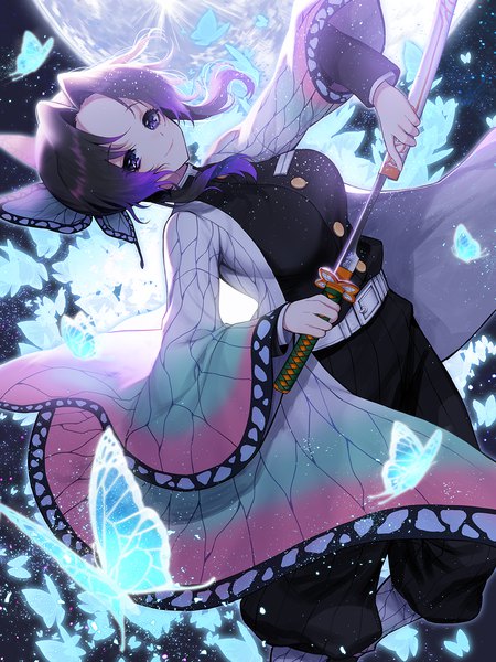 Anime picture 1000x1333 with kimetsu no yaiba ufotable kochou shinobu kyundoo single tall image looking at viewer short hair black hair smile purple eyes holding payot outdoors traditional clothes japanese clothes wind night wide sleeves night sky