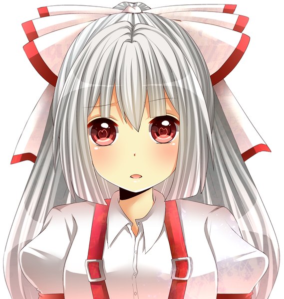 イラスト 1024x1080 と 東方 藤原妹紅 やますた ソロ 長髪 長身像 赤い目 grey hair face 女の子 ちょう結び ヘア蝶結び