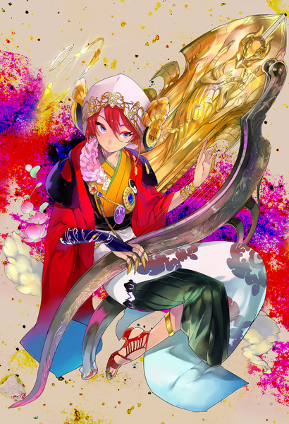 Anime picture 1199x1753 with original mikurou (miku toshiro) single tall image short hair blue eyes sitting red hair nail polish traditional clothes japanese clothes light smile girl flower (flowers) shoes frills bracelet headdress headphones jewelry