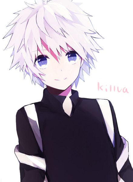 Anime picture 872x1191 with hunter x hunter killua zaoldyeck me (1005646017) single tall image looking at viewer short hair simple background smile white background purple eyes upper body white hair character names boy