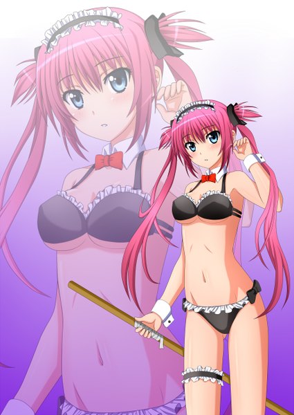 Anime picture 920x1300 with queen's blade airi (queen's blade) kenken single long hair tall image looking at viewer blush fringe breasts blue eyes light erotic hair between eyes standing twintails bare shoulders pink hair parted lips bare belly bare legs