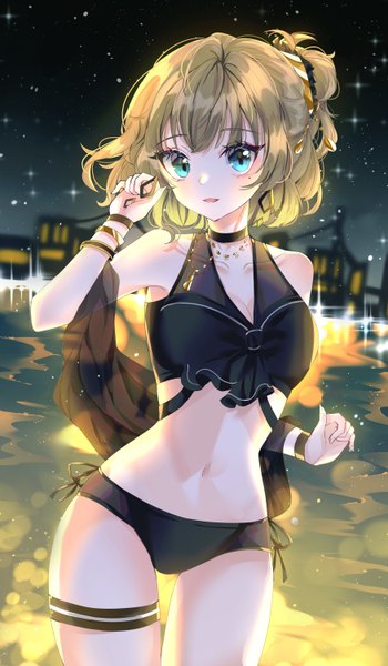 Anime picture 3500x6000 with idolmaster idolmaster cinderella girls takagaki kaede wine (2148 wine) single tall image looking at viewer blush fringe highres short hair open mouth blue eyes light erotic brown hair standing bare shoulders green eyes absurdres outdoors