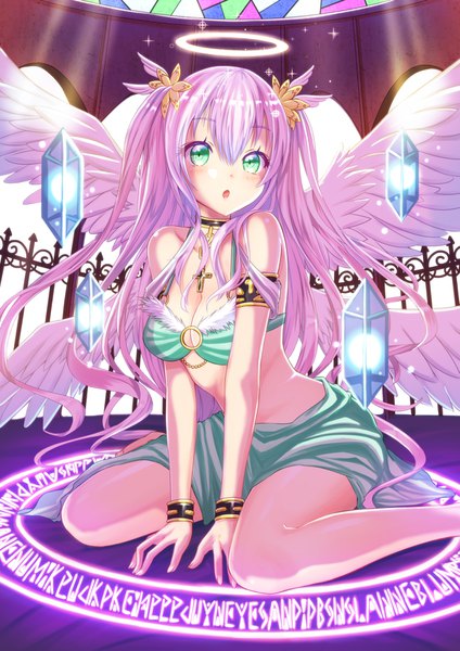 Anime picture 1191x1684 with original tenzeru single long hair tall image looking at viewer blush fringe breasts open mouth light erotic hair between eyes sitting bare shoulders green eyes pink hair cleavage full body bent knee (knees) bare belly