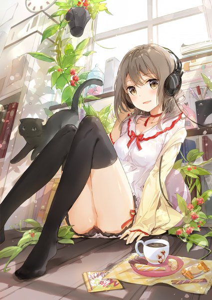 Anime picture 744x1050 with original fuumi (radial engine) single tall image looking at viewer blush fringe short hair light erotic smile hair between eyes brown hair sitting brown eyes bent knee (knees) parted lips pleated skirt sunlight arm support no shoes