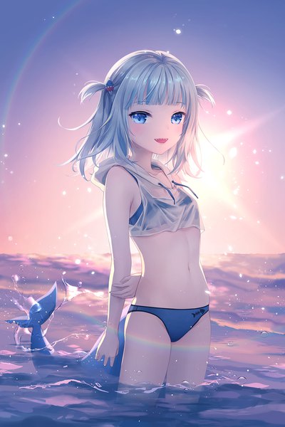 Anime picture 1000x1500 with virtual youtuber hololive hololive english gawr gura chocofox single tall image looking at viewer blush fringe short hair open mouth blue eyes light erotic smile standing silver hair outdoors tail blunt bangs