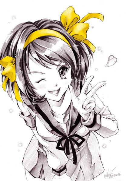 Anime picture 744x1073 with suzumiya haruhi no yuutsu kyoto animation suzumiya haruhi naschi (artist) single tall image looking at viewer blush fringe short hair breasts open mouth simple background smile white background signed upper body pleated skirt one eye closed from above