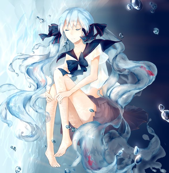 Anime picture 2948x3014 with vocaloid hatsune miku bottle miku mchi (artist) single tall image highres twintails eyes closed pleated skirt barefoot light smile bare legs legs embryo's pose liquid hair girl skirt uniform ribbon (ribbons)