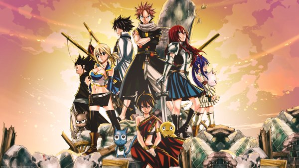 Anime picture 1920x1080 with fairy tail lucy heartfilia erza scarlet natsu dragneel gray fullbuster wendy marvell happy (fairy tail) gajeel redfox charle (fairy tail) panther lily eclair (fairy tail) momon mashima hiro long hair highres short hair black hair blonde hair wide image multiple girls