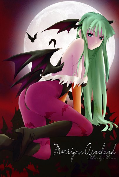 Anime picture 1024x1515 with vampire / darkstalkers (game) capcom morrigan aensland lchrno single long hair tall image looking at viewer light erotic bare shoulders green eyes green hair character names bat wings head wings girl animal pantyhose wings shoes