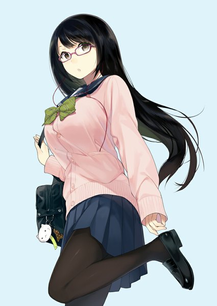 Anime picture 697x985 with original sasamori tomoe single long hair tall image looking at viewer fringe breasts black hair simple background pleated skirt grey eyes looking down blue background adjusting footwear girl skirt uniform miniskirt pantyhose