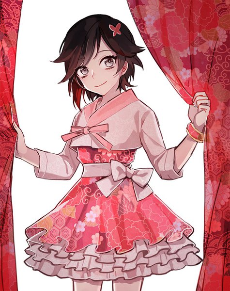 Anime picture 740x934 with rwby rooster teeth ruby rose ecru single tall image looking at viewer blush fringe short hair black hair simple background smile white background looking away light smile grey eyes floral print girl hair ornament