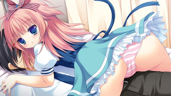 Anime picture 1280x720 with pure yome long hair blush blue eyes light erotic wide image pink hair game cg ass girl dress boy underwear panties striped panties