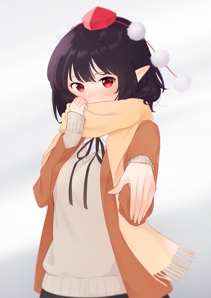 Anime-Bild 1488x2098 mit touhou shameimaru aya kanpa (campagne 9) single tall image short hair black hair simple background red eyes white background long sleeves pointy ears outstretched arm covered mouth girl scarf sweater tokin hat