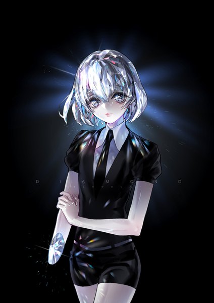 Anime picture 707x1000 with houseki no kuni diamond (houseki no kuni) bloodcat (babacatcat) single tall image looking at viewer fringe short hair simple background hair between eyes signed silver hair puffy sleeves character names black background silver eyes shiny holding arm androgynous amputee