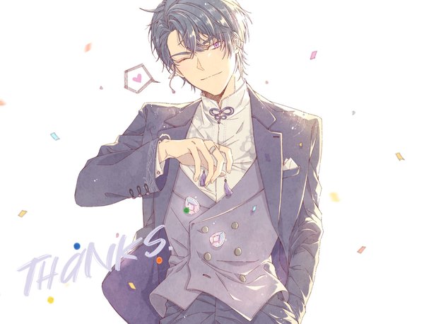 Anime picture 2000x1525 with tears of themis marius von hagen (tears of themis) jiukuzi18797 single looking at viewer highres short hair black hair white background purple eyes head tilt one eye closed wink thank you boy heart ring vest speech bubble confetti