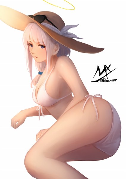 Anime picture 1240x1753 with original shimmer single long hair tall image looking at viewer fringe breasts blue eyes light erotic simple background white background bare shoulders signed payot bent knee (knees) ass white hair lying blunt bangs