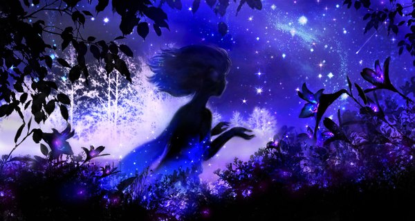 Anime picture 1911x1019 with original 00 single highres short hair wide image upper body outdoors wind from behind night sparkle night sky outstretched arm dark background fantasy silhouette backlighting shooting star fairy