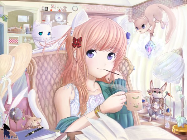 Anime picture 2600x1950 with original kujiranohane single long hair looking at viewer highres sitting purple eyes animal ears pink hair cat ears girl hair ornament animal window sweets hairclip book (books) cat clock