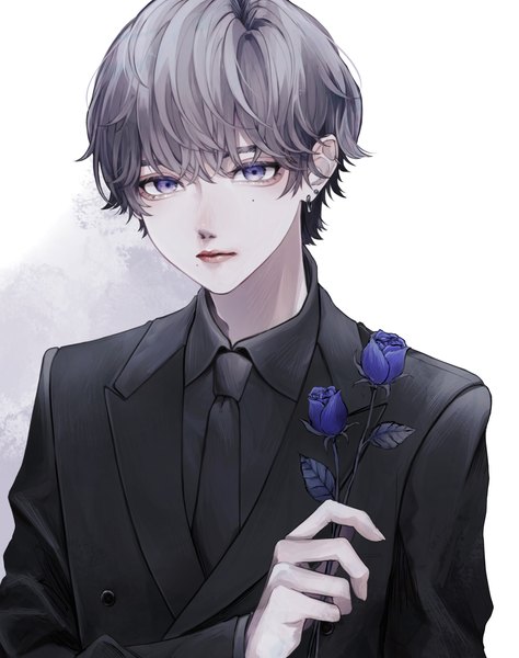 Anime picture 1716x2173 with original 402 (o0 xxx) single tall image highres short hair simple background white background purple eyes looking away upper body grey hair mole mole under eye piercing portrait ear piercing mole under mouth boy flower (flowers)