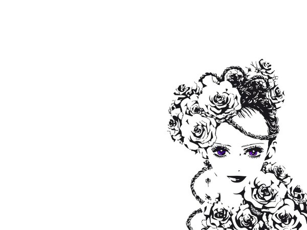 イラスト 1280x960 と パラダイス・キス パラキス マッドハウス yukari hayasaka simple background 白背景 紫目 三つ編み hair flower light smile monochrome 女の子 髪飾り 花 耳飾り 薔薇