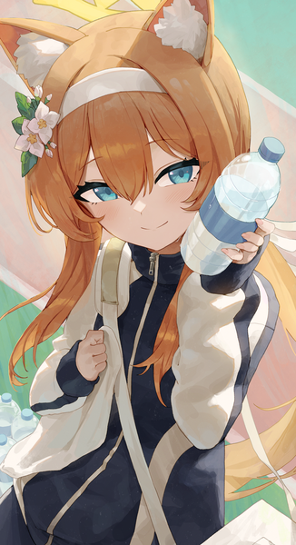 Anime picture 1760x3236 with blue archive mari (blue archive) mari (gym uniform) (blue archive) pellas (panix2383) single long hair tall image looking at viewer fringe highres blue eyes smile hair between eyes animal ears hair flower from above orange hair official alternate costume girl flower (flowers)