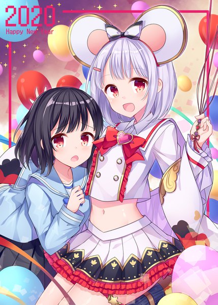 Anime picture 1295x1812 with granblue fantasy vikala (granblue fantasy) amemiya ruki tall image looking at viewer short hair open mouth black hair red eyes multiple girls animal ears silver hair :d pleated skirt midriff fake animal ears new year happy new year 2020 mouse ears