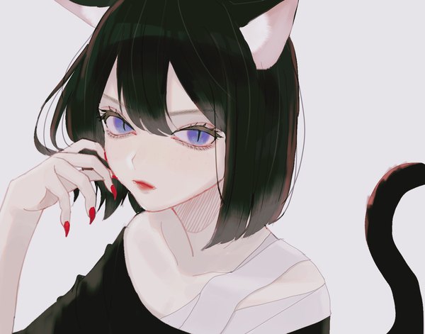 Anime picture 1902x1496 with original daluto (hitomi555) single looking at viewer fringe highres short hair black hair simple background hair between eyes purple eyes animal ears upper body tail nail polish animal tail fingernails cat ears grey background cat girl