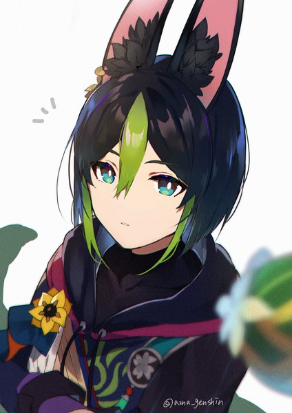 Anime picture 2898x4103 with genshin impact tighnari (genshin impact) azna single tall image looking at viewer highres short hair black hair simple background white background signed animal ears upper body multicolored hair aqua eyes from above two-tone hair streaked hair twitter username