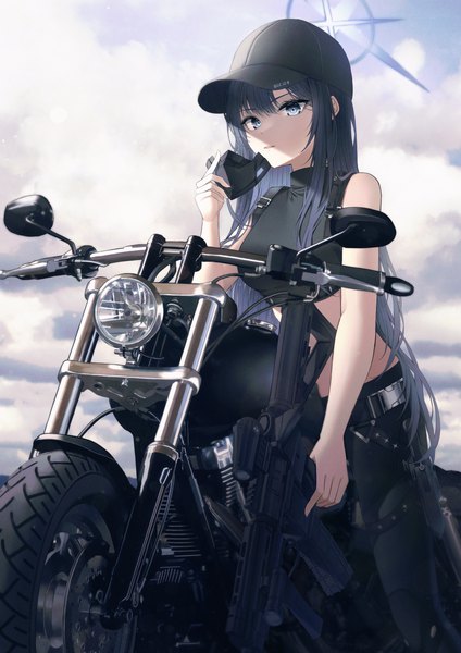 Anime picture 4093x5788 with blue archive saori (blue archive) jung5u single long hair tall image looking at viewer fringe highres open mouth blue eyes black hair standing holding absurdres sky cloud (clouds) outdoors midriff shaded face