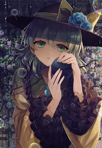 Anime picture 898x1300 with touhou komeiji koishi abandon ranka single long hair tall image looking at viewer green eyes upper body head tilt fingernails green hair shaded face girl dress flower (flowers) hat frills rose (roses) water drop