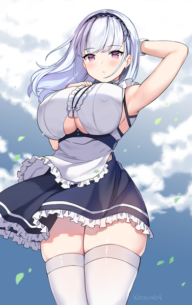 Anime picture 3473x5520 with azur lane dido (azur lane) kaetzchen single long hair tall image looking at viewer fringe highres breasts light erotic large breasts standing signed payot absurdres sky silver hair cloud (clouds) outdoors