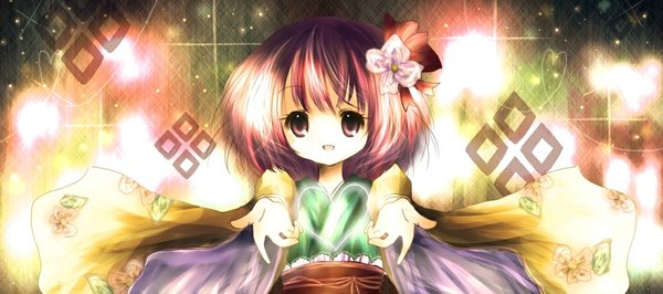 Anime picture 1120x497 with touhou hieda no akyuu smile wide image purple eyes purple hair loli girl bow heart