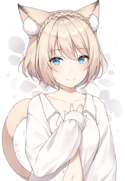 Anime picture 800x1160 with final fantasy final fantasy xiv square enix miqo'te ayuanlv single tall image looking at viewer blush fringe short hair blue eyes light erotic simple background blonde hair smile hair between eyes white background signed animal ears