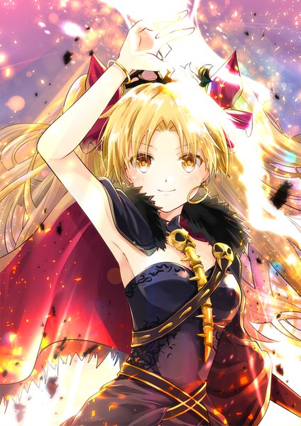 Anime picture 1061x1500 with fate (series) fate/grand order toosaka rin ereshkigal (fate) iroha (shiki) single long hair tall image looking at viewer blonde hair smile yellow eyes upper body arm up two side up girl bow hair bow earrings cape