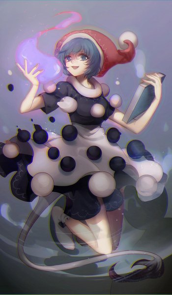 Anime picture 1200x2053 with touhou doremy sweet no-kan single tall image looking at viewer short hair open mouth blue eyes blue hair full body bent knee (knees) tail animal tail girl dress hat book (books) ball santa claus hat