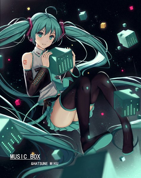 Anime picture 694x877 with vocaloid hatsune miku soulkiller (brz) single tall image looking at viewer blush twintails bare shoulders ahoge very long hair nail polish aqua eyes aqua hair character names girl detached sleeves boots thigh boots cube