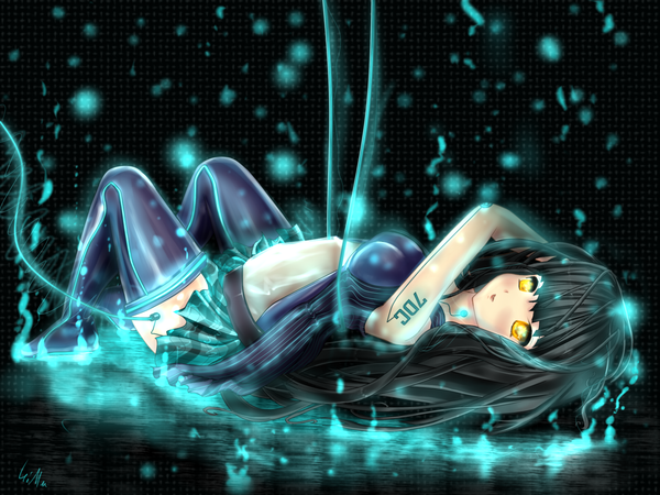 Anime picture 2000x1500 with original ximbixill single long hair blush highres open mouth black hair yellow eyes lying tattoo girl thighhighs black thighhighs miniskirt wire (wires)