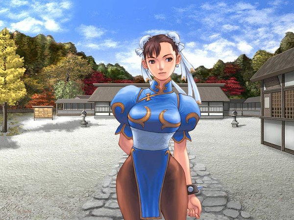 Anime picture 1024x768 with street fighter chun-li dizzy (artist) single short hair brown hair standing brown eyes sky cloud (clouds) outdoors traditional clothes chinese clothes arm behind back architecture east asian architecture girl plant (plants) earrings pantyhose