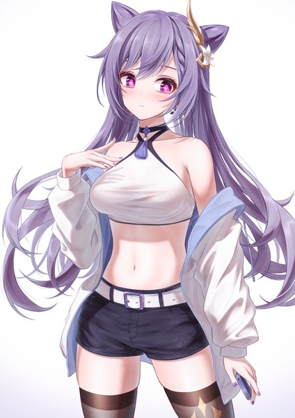 Anime picture 2894x4093 with genshin impact keqing (genshin impact) bae.c single long hair tall image looking at viewer blush fringe highres breasts simple background hair between eyes standing white background twintails bare shoulders holding payot long sleeves
