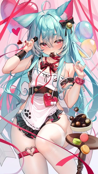 Anime picture 1800x3200 with original meion single long hair tall image looking at viewer blush fringe highres breasts light erotic red eyes holding ahoge nail polish arm up fingernails aqua hair mouth hold eyebrows