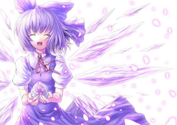 Anime picture 1157x818 with touhou cirno terajou tadahito (artist) single short hair open mouth white background purple hair eyes closed girl dress bow hair bow wings crystal