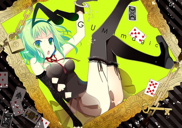 Anime picture 3035x2149 with vocaloid gumi temari (deae) single highres short hair open mouth bare shoulders green eyes absurdres green hair bunny ears girl thighhighs dress ribbon (ribbons) black thighhighs detached sleeves chain card (cards)