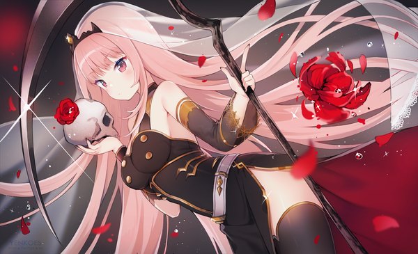 Anime picture 1800x1095 with virtual youtuber hololive hololive english mori calliope mori calliope (1st costume) yenkoes single blush highres wide image pink hair very long hair pink eyes sparkle side slit girl thighhighs dress flower (flowers) weapon