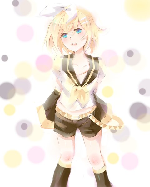 Anime picture 1500x1875 with vocaloid kagamine rin pudding (8008208820) tall image looking at viewer blush short hair open mouth blue eyes simple background blonde hair smile standing girl hair ornament hairclip